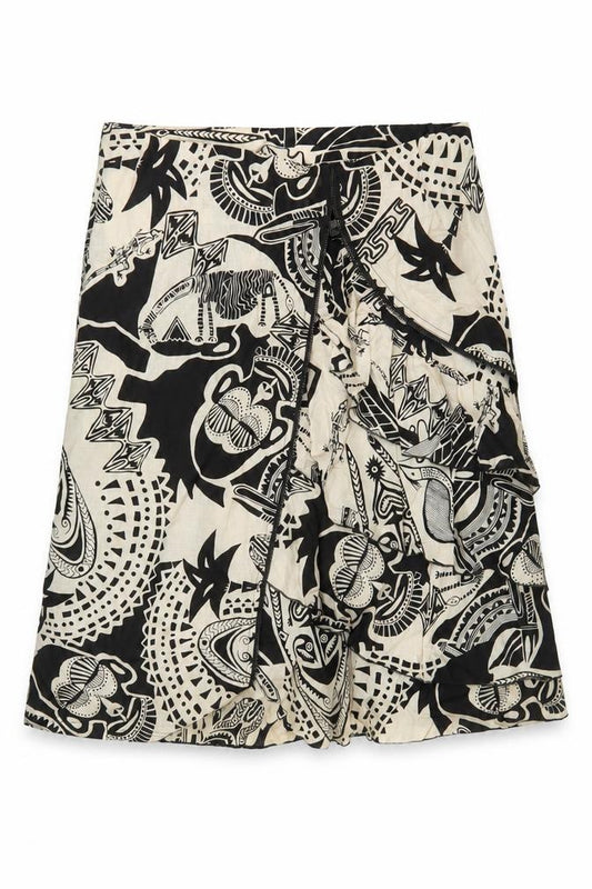 Front view of Gil Bret Women's Beige Tribal Wrap Cotton Knee Length Skirt, size 14