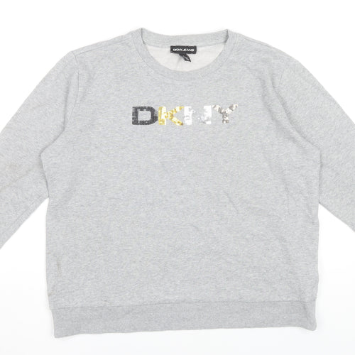 DKNY Jeans Women's Grey Sequin Logo Pullover Sweatshirt Size M