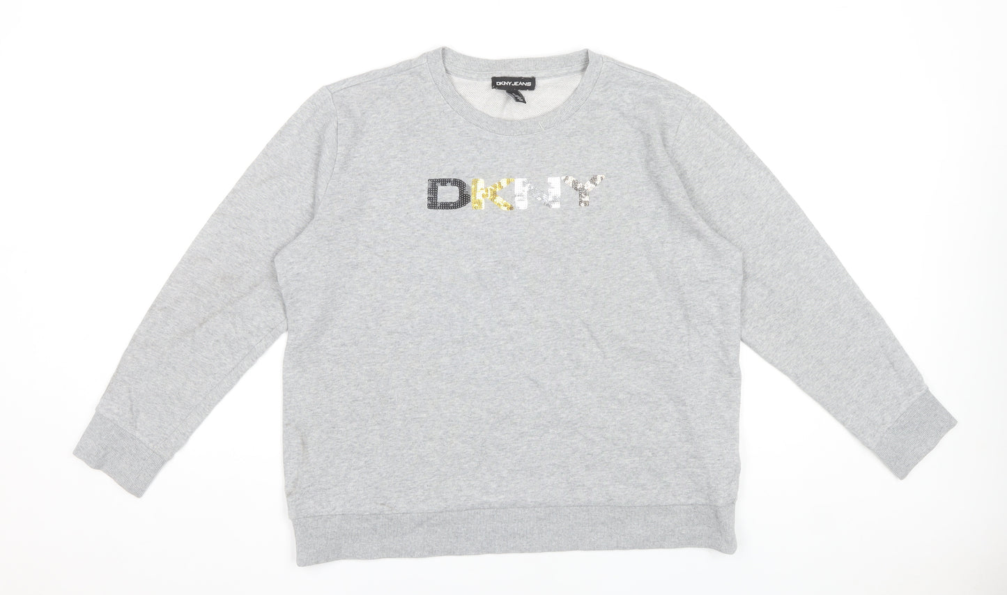 DKNY Jeans Women's Grey Sequin Logo Pullover Sweatshirt Size M