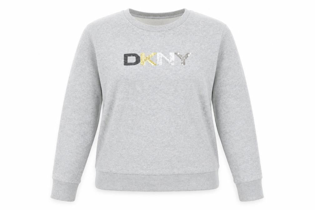 Front view of DKNY Jeans Women's Grey Sequin Logo Pullover Sweatshirt, size M