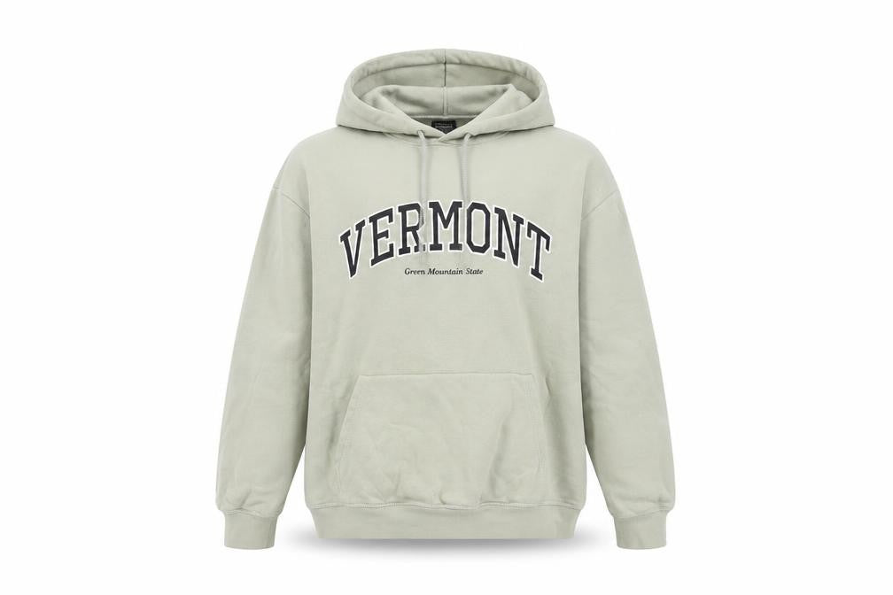 Front view of H&M women’s beige pullover hoodie, size S, cotton blend vermont print