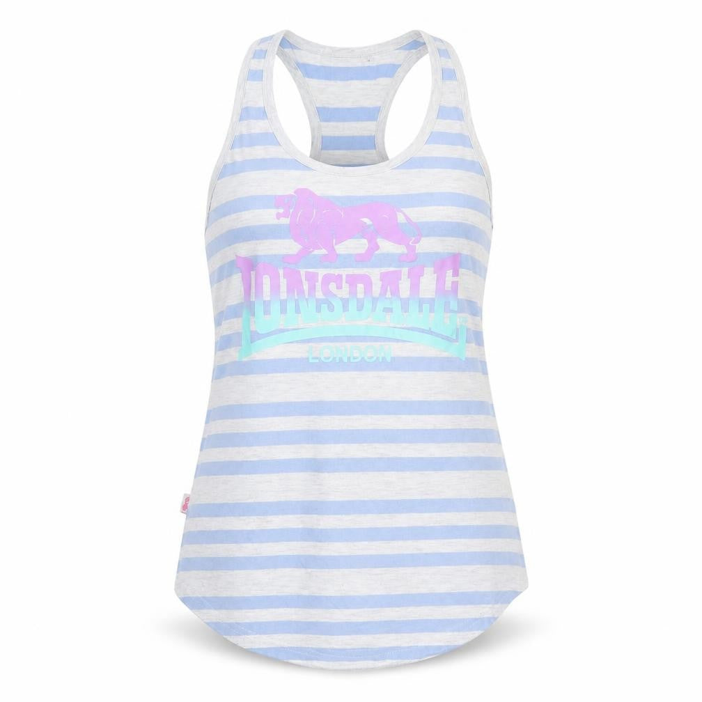 Front view of Lonsdale Women's Blue Striped Racerback Tank Top, size 12