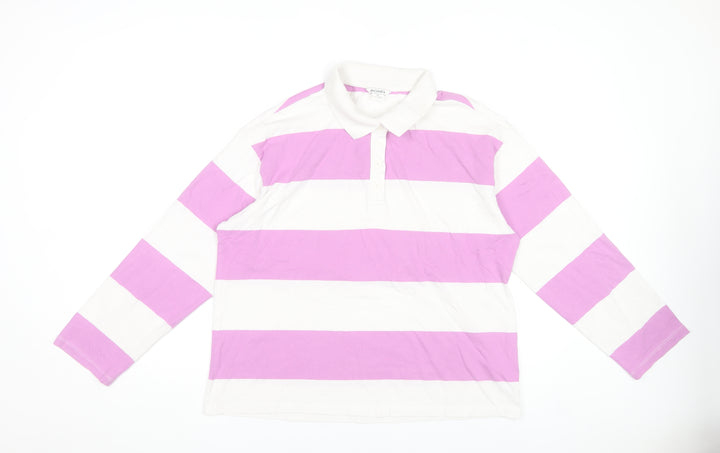 Monki Women's Pink White Striped Long Sleeve Cotton Polo Shirt Size 12