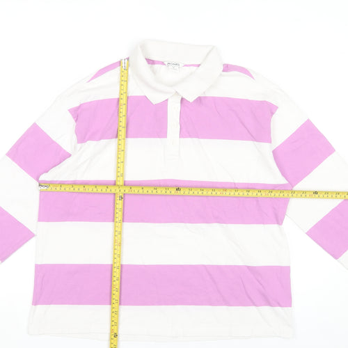 Monki Women's Pink White Striped Long Sleeve Cotton Polo Shirt Size 12