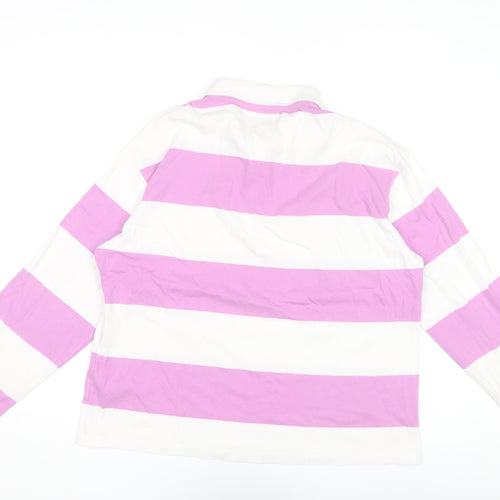 Monki Women's Pink White Striped Long Sleeve Cotton Polo Shirt Size 12