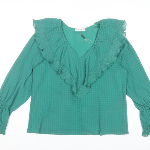 Gallery Women’s Green Ruffle V-Neck Long Sleeve Tunic Blouse Size 14