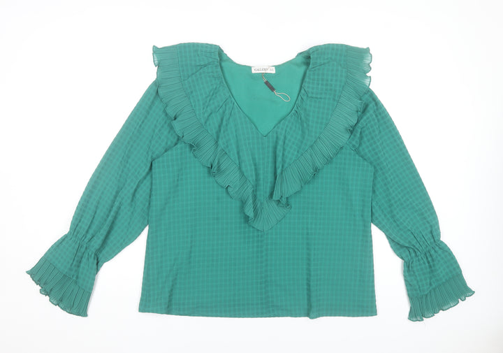 Gallery Women’s Green Ruffle V-Neck Long Sleeve Tunic Blouse Size 14