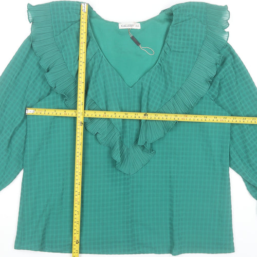 Gallery Women’s Green Ruffle V-Neck Long Sleeve Tunic Blouse Size 14