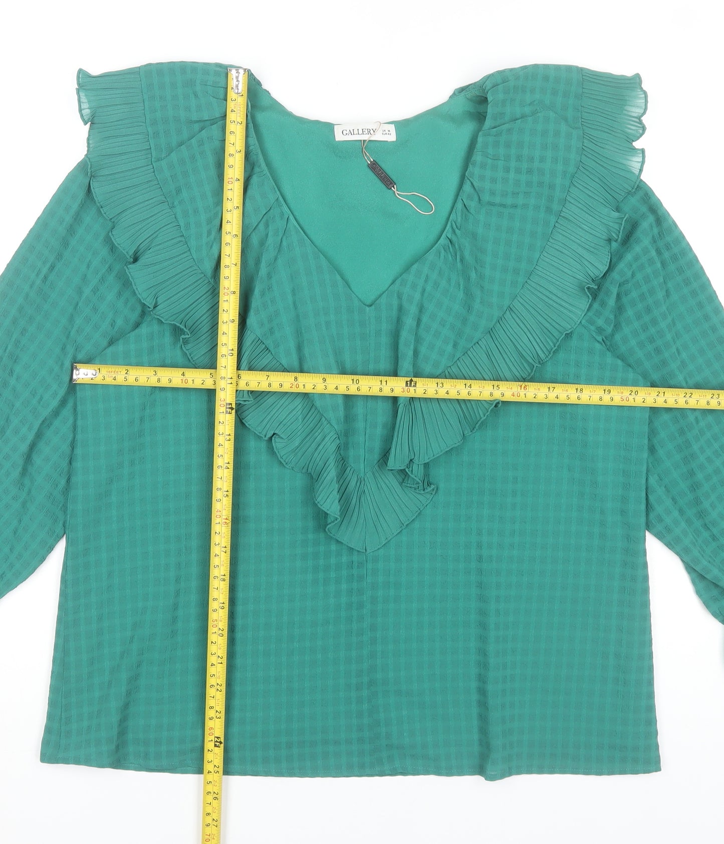 Gallery Women’s Green Ruffle V-Neck Long Sleeve Tunic Blouse Size 14