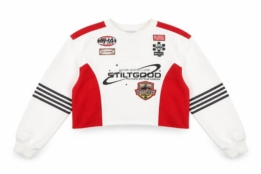 Front view of Rude Company Women's Red & White Cropped Pullover Sweatshirt One Size