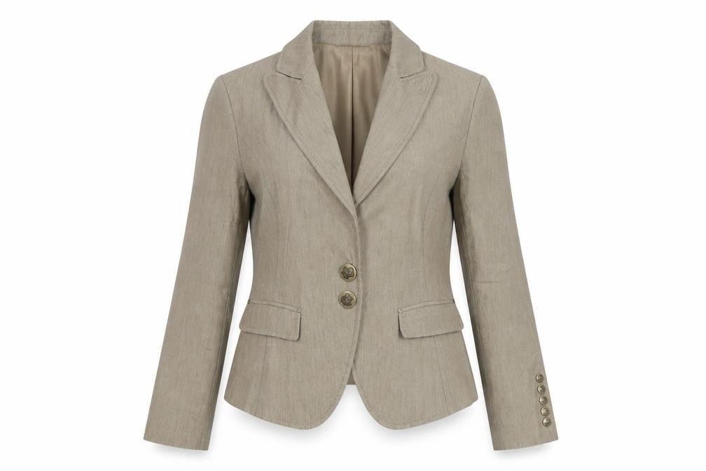 Front view of McGregor women’s beige linen cotton slim fit blazer, size UK 10