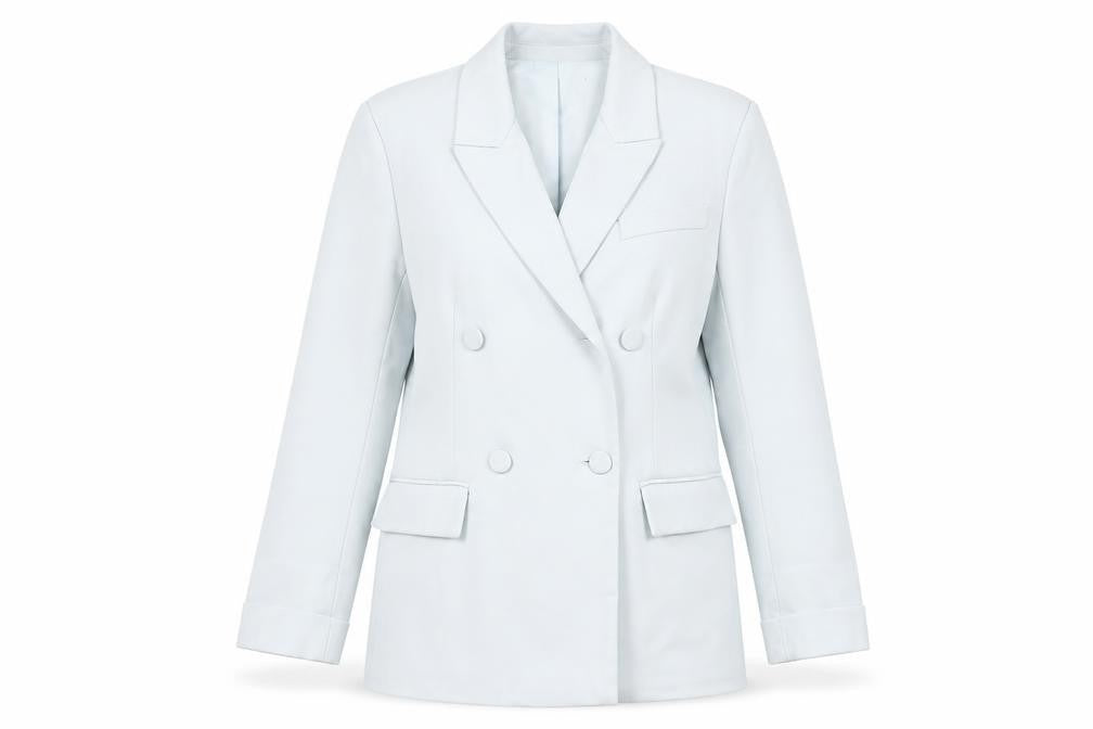 Front view of Gallery Women’s Light Blue Double Button Blazer, size UK 10