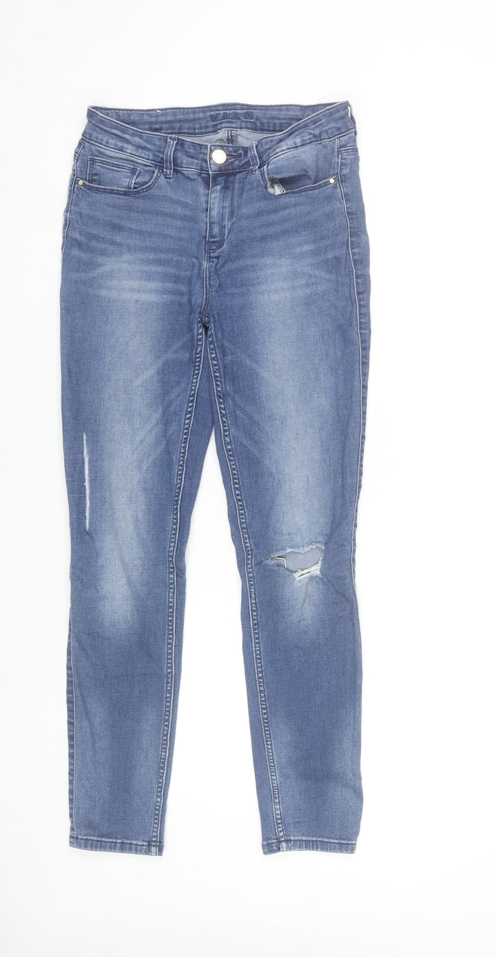Vila Women Blue Slim Jeans Size 12 Distressed Denim Mid Rise