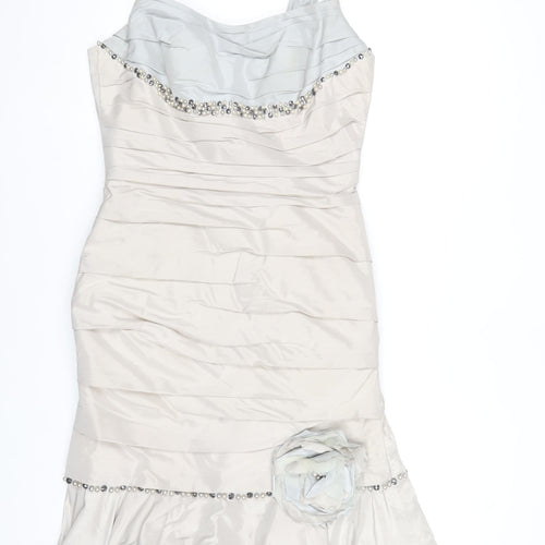 Ian Stuart London Women’s Beige Knee Length Sheath Dress Size 16 Beaded Formal
