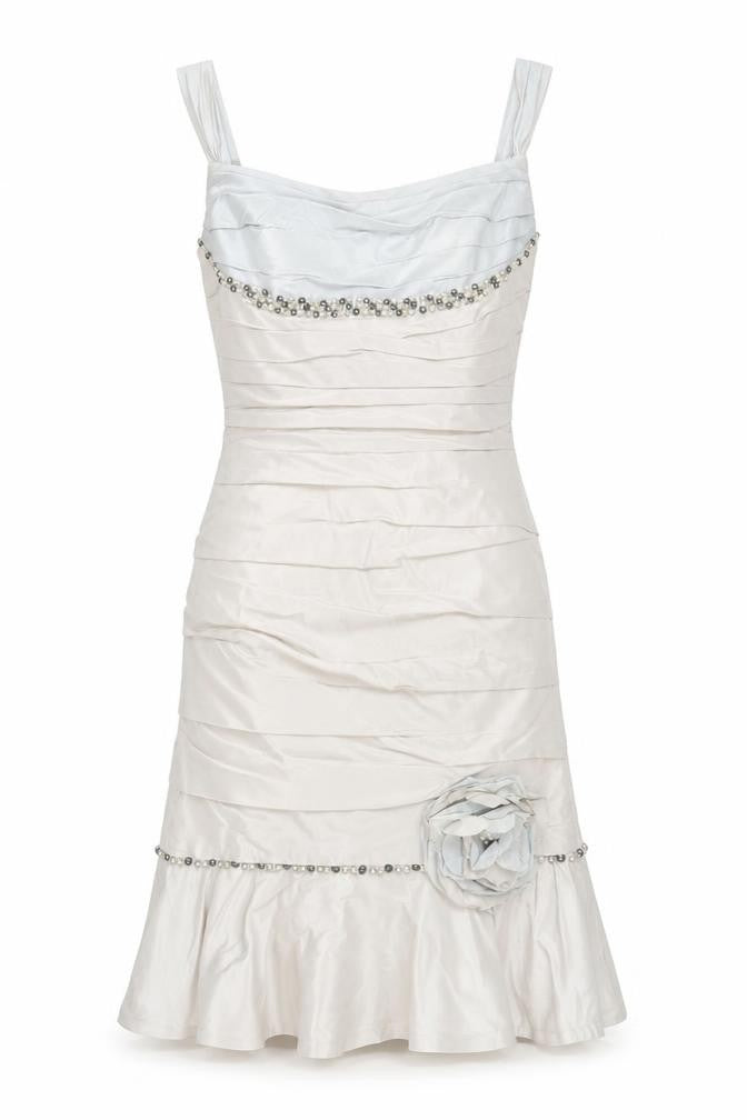 Ian Stuart London Women’s Beige Knee Length Sheath Dress Size 16 Beaded Formal