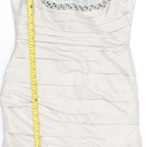 Ian Stuart London Women’s Beige Knee Length Sheath Dress Size 16 Beaded Formal