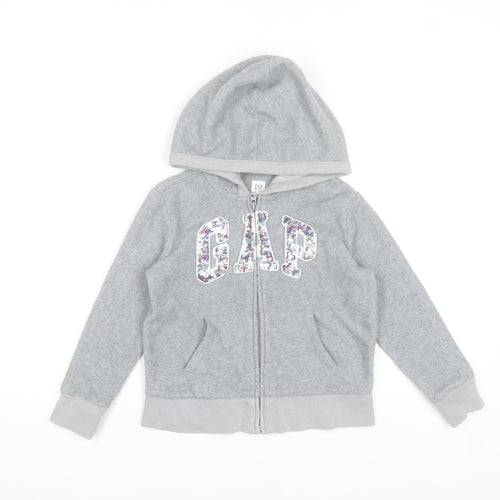 GAP Kids Girls Grey Full Zip Hoodie 6-7 Years Sequin Logo Fleece