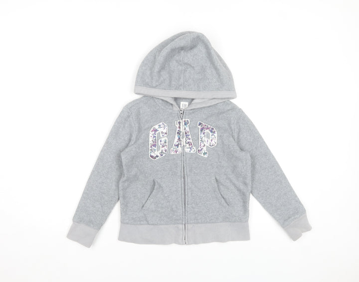 GAP Kids Girls Grey Full Zip Hoodie 6-7 Years Sequin Logo Fleece