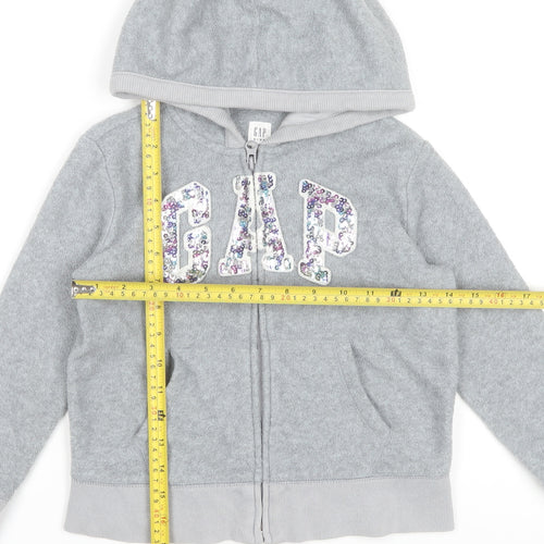 GAP Kids Girls Grey Full Zip Hoodie 6-7 Years Sequin Logo Fleece