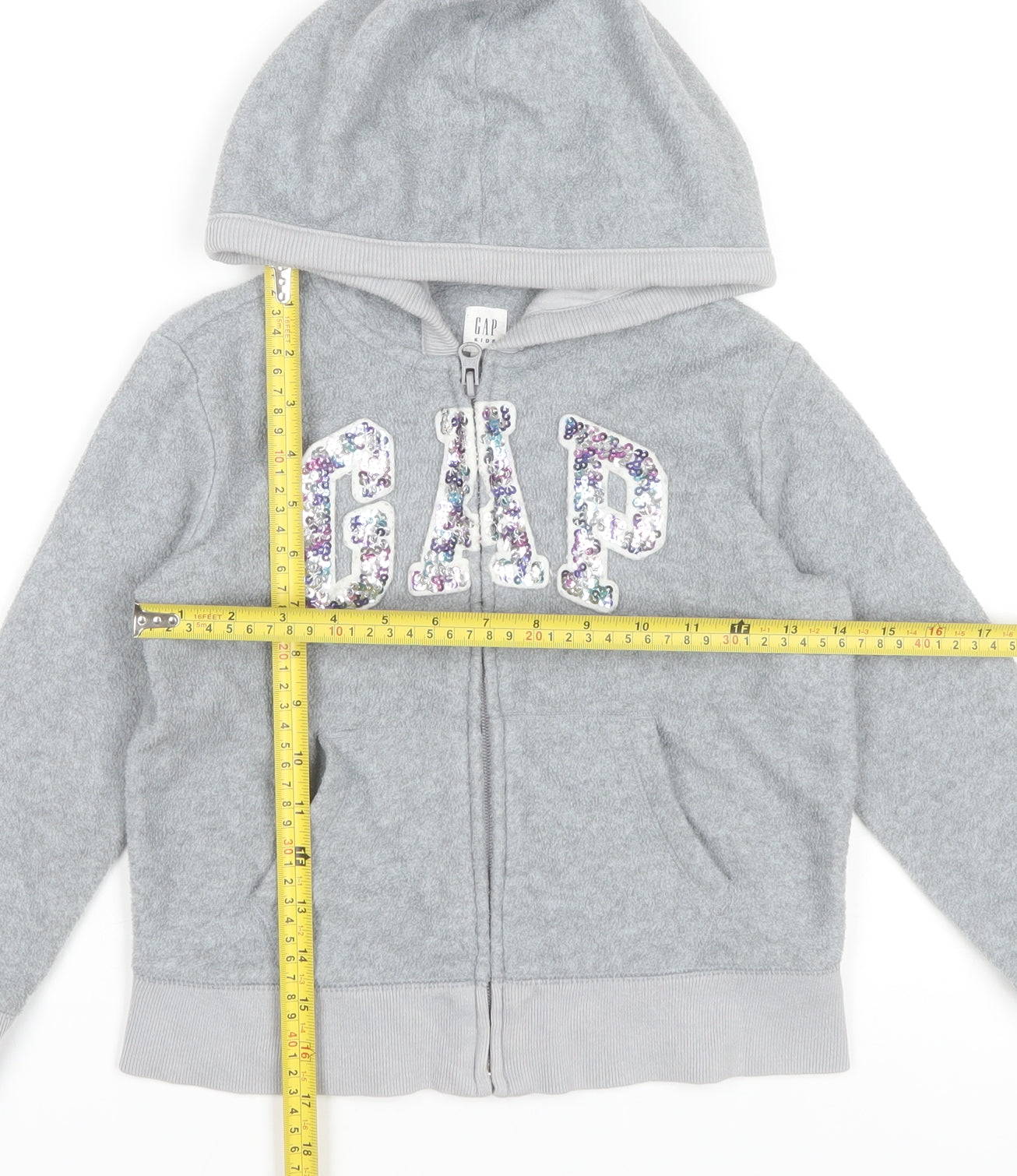 GAP Kids Girls Grey Full Zip Hoodie 6-7 Years Sequin Logo Fleece