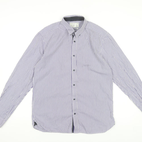 Jack & Jones Mens Blue Striped Cotton Long Sleeve Slim Dress Shirt L