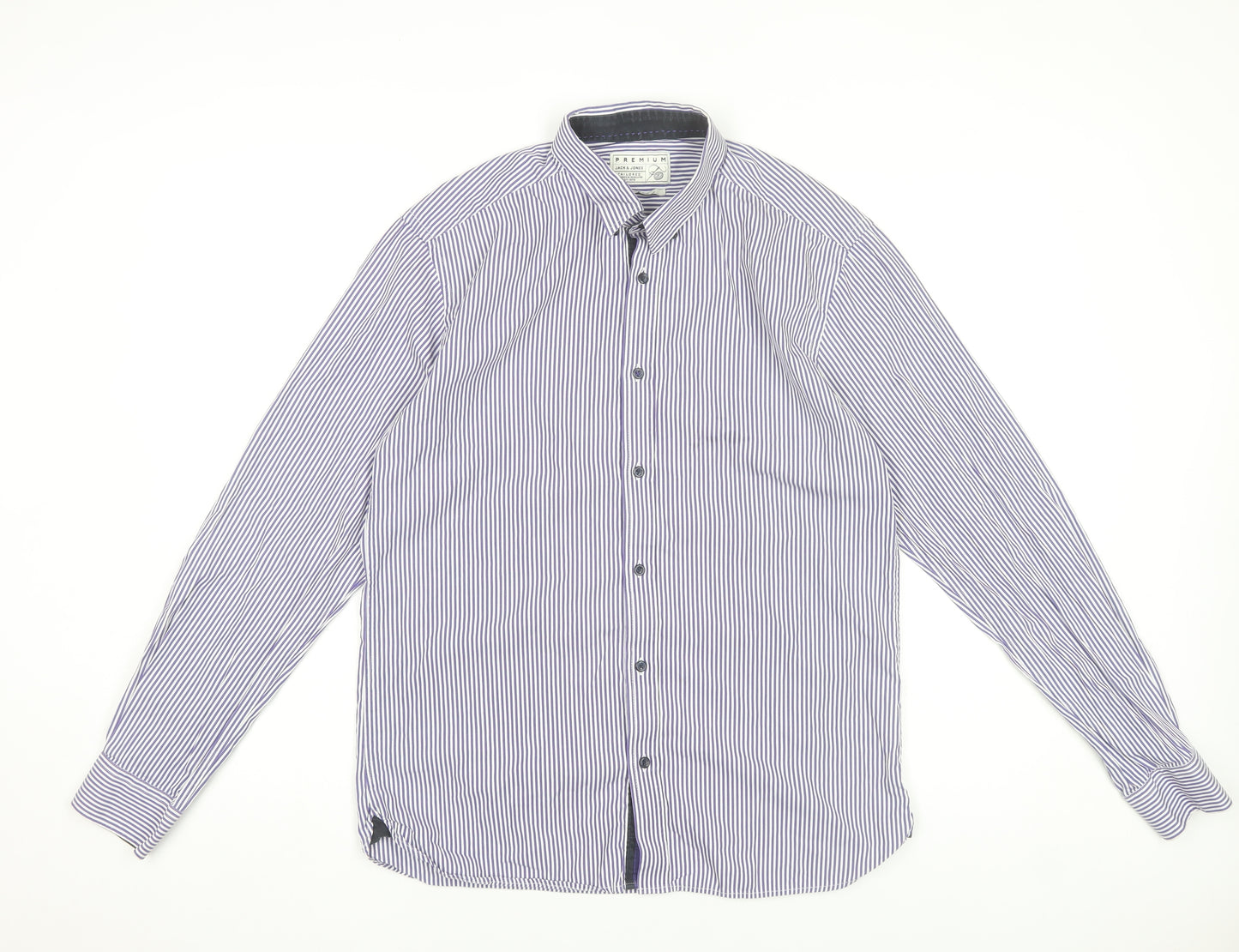 Jack & Jones Mens Blue Striped Cotton Long Sleeve Slim Dress Shirt L