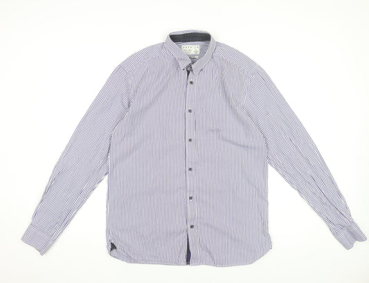 Jack & Jones Mens Blue Striped Cotton Long Sleeve Slim Dress Shirt L