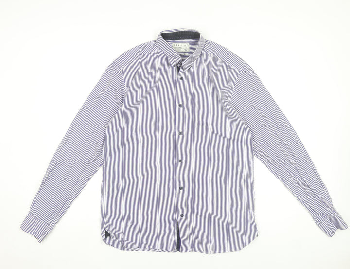 Jack & Jones Mens Blue Striped Cotton Long Sleeve Slim Dress Shirt L