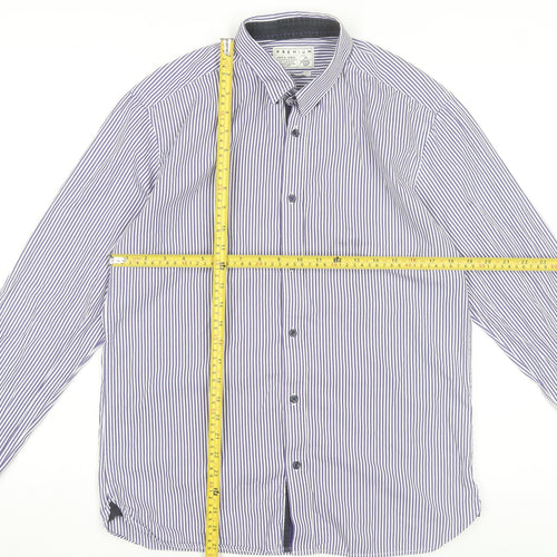 Jack & Jones Mens Blue Striped Cotton Long Sleeve Slim Dress Shirt L