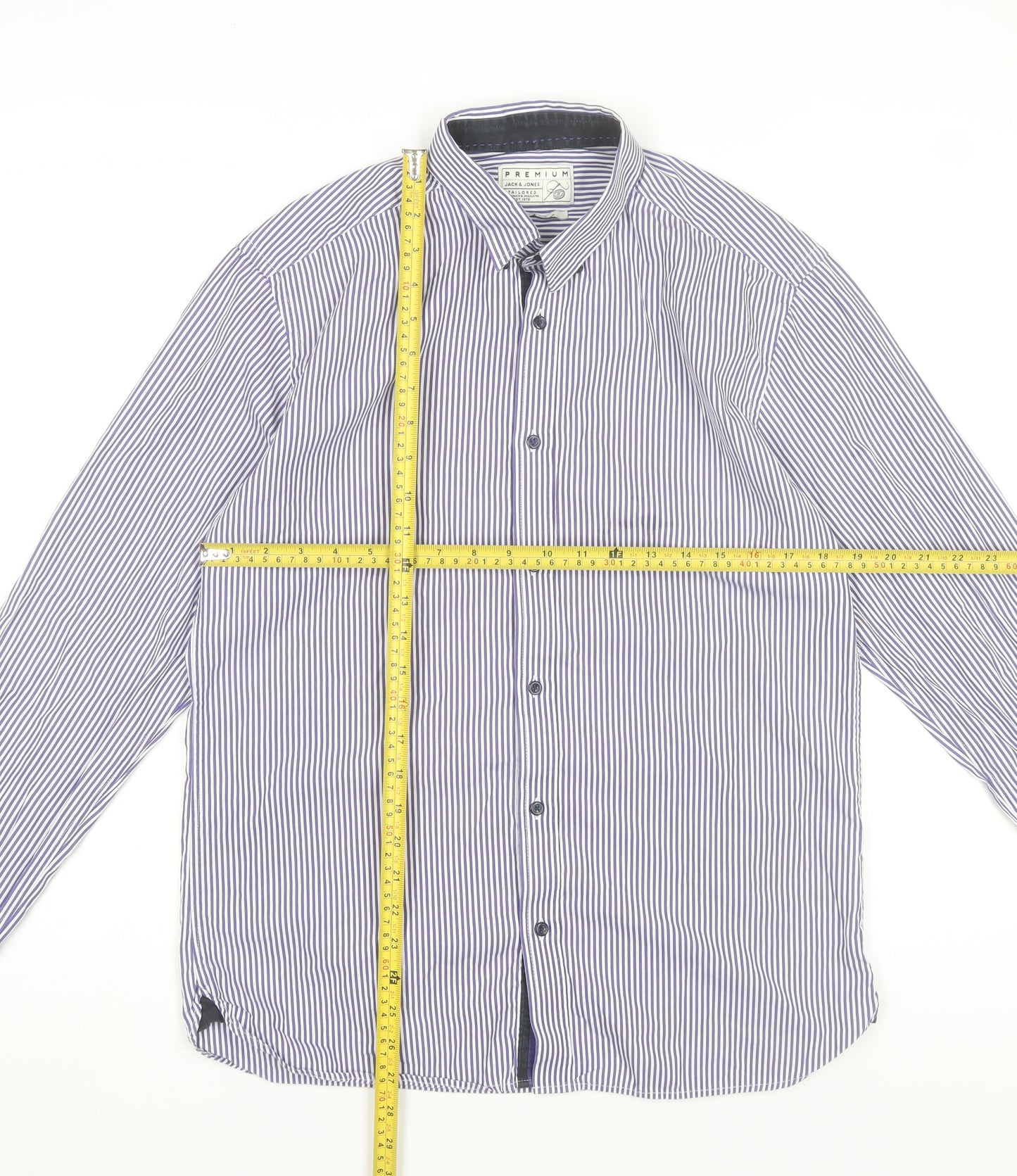 Jack & Jones Mens Blue Striped Cotton Long Sleeve Slim Dress Shirt L