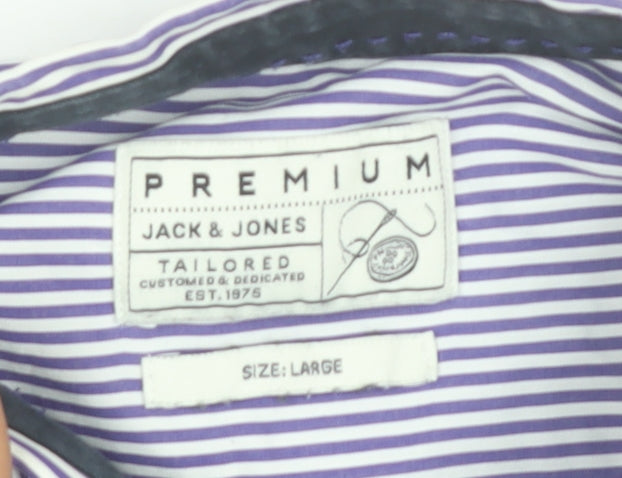 Jack & Jones Mens Blue Striped Cotton Long Sleeve Slim Dress Shirt L