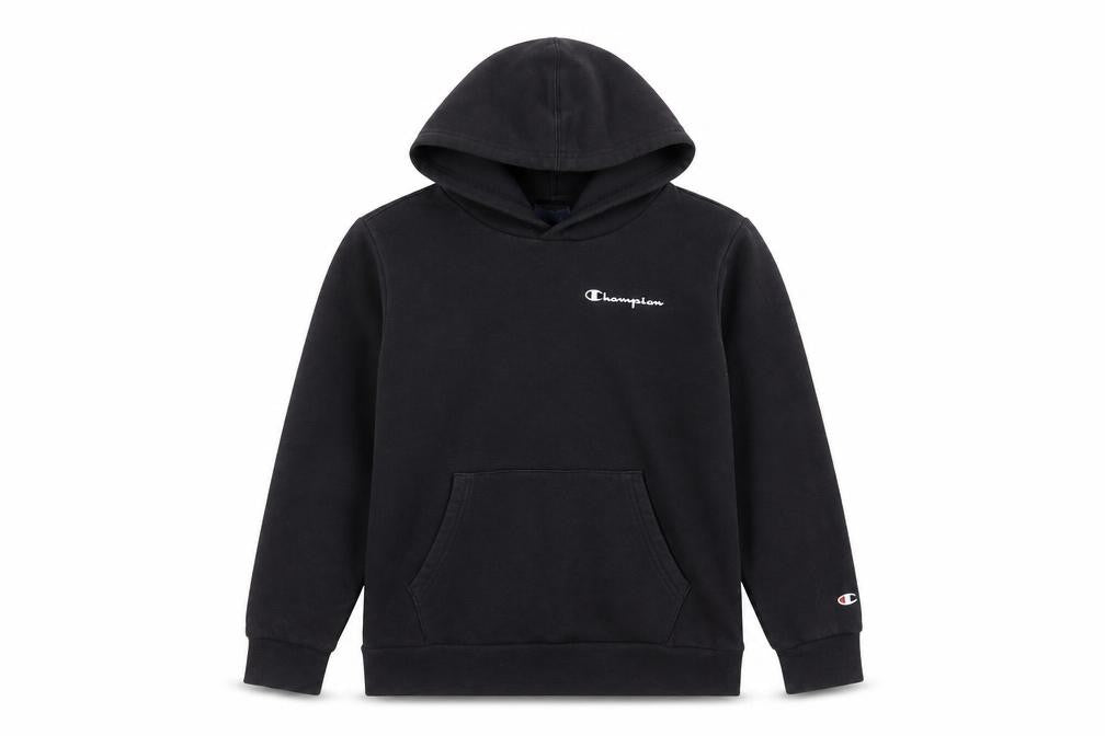 Front view of Champion boys’ black pullover hoodie 11-12 years cotton blend logo