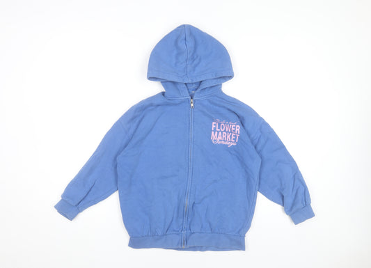 Marks and Spencer Girls Blue Full Zip Hoodie 9-10 Years Flower Market Graphic