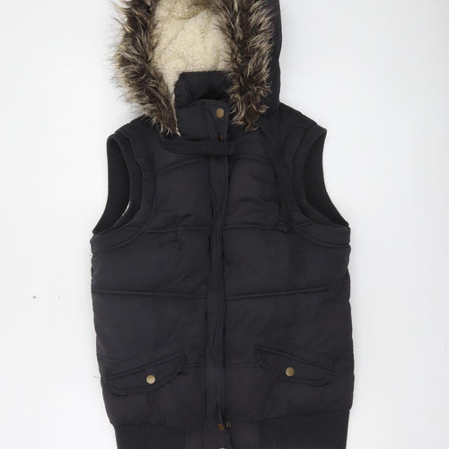 New Look Women's Black Faux Fur Hooded Puffer Waistcoat Size 12