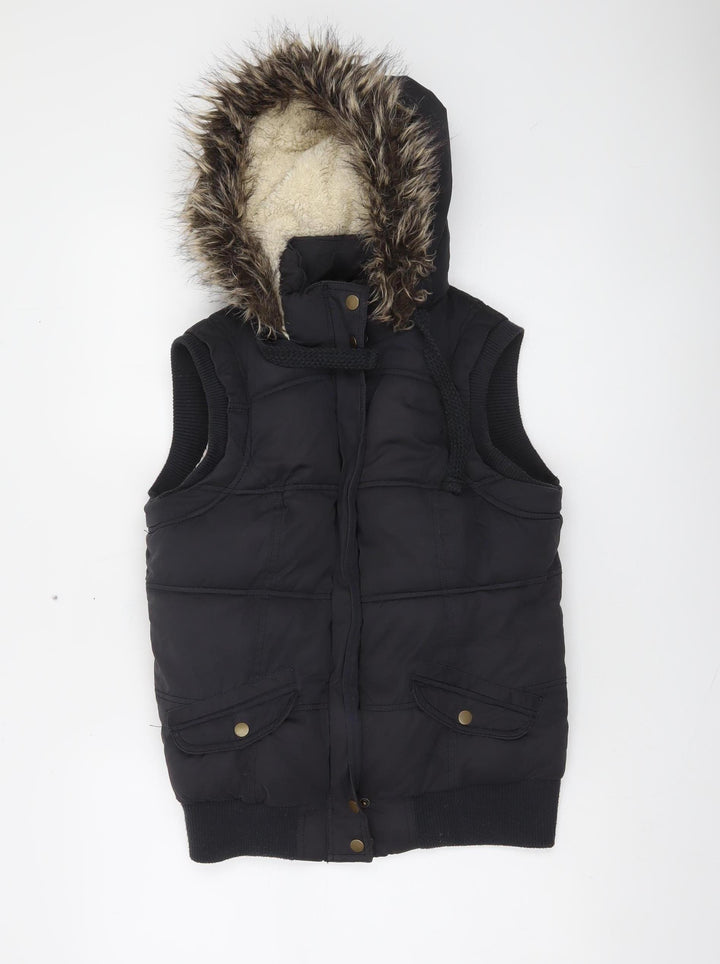 New Look Women's Black Faux Fur Hooded Puffer Waistcoat Size 12