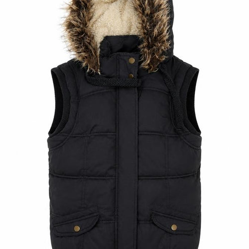 New Look Women's Black Faux Fur Hooded Puffer Waistcoat Size 12