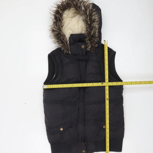 New Look Women's Black Faux Fur Hooded Puffer Waistcoat Size 12