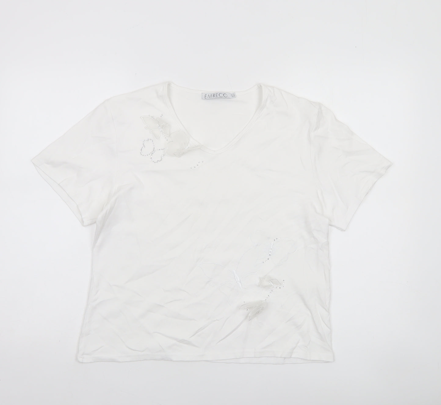 Emreco Women's White V-Neck Short Sleeve Jersey T-Shirt Size 14