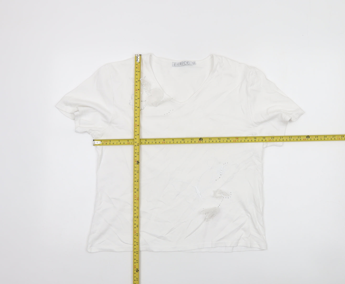 Emreco Women's White V-Neck Short Sleeve Jersey T-Shirt Size 14