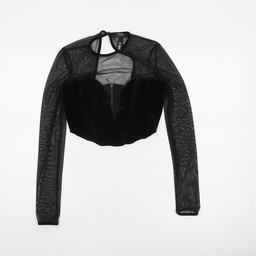 Bershka Women's Black Velvet Mesh Cropped Blouse Size S Party Top