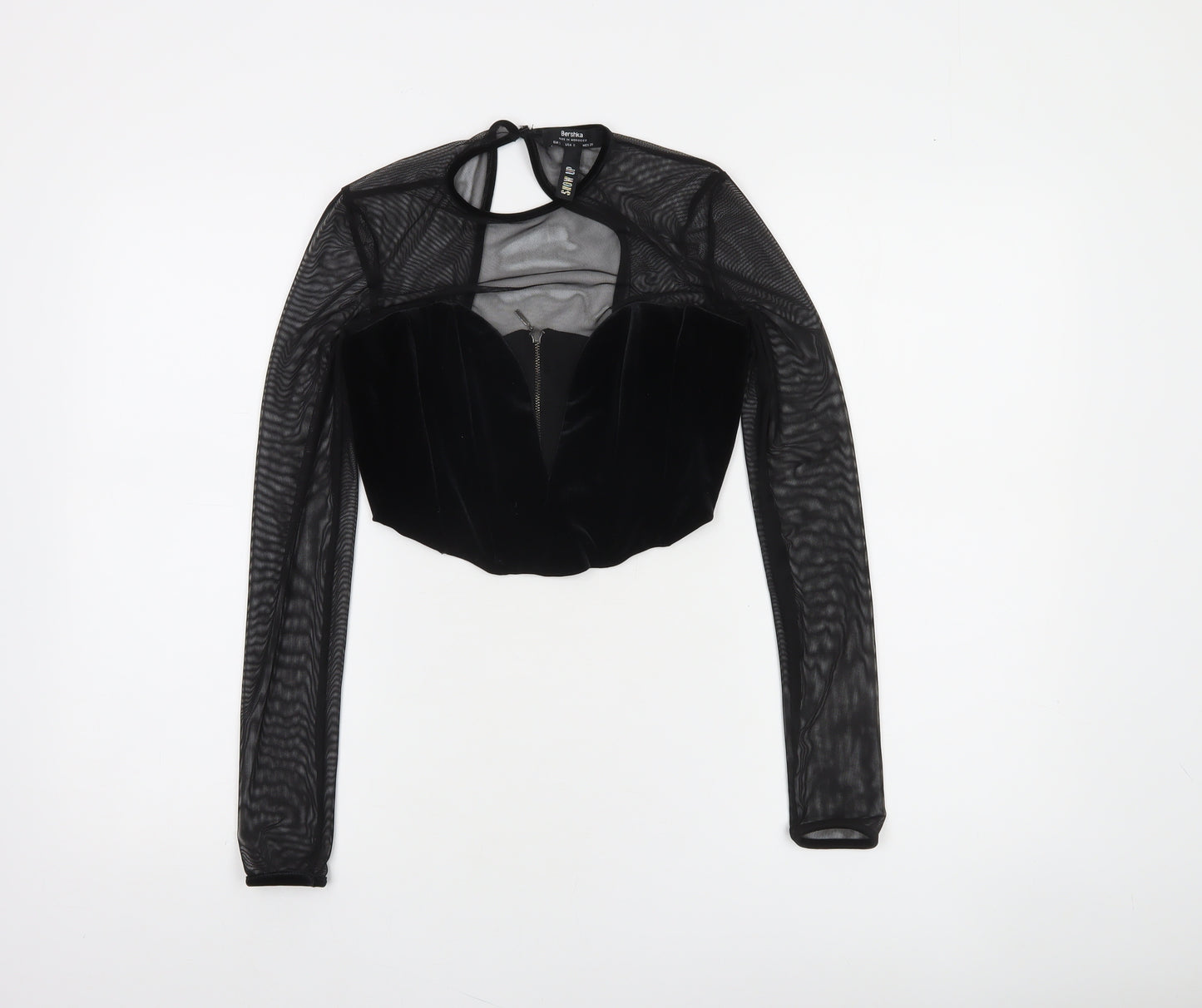 Bershka Women's Black Velvet Mesh Cropped Blouse Size S Party Top
