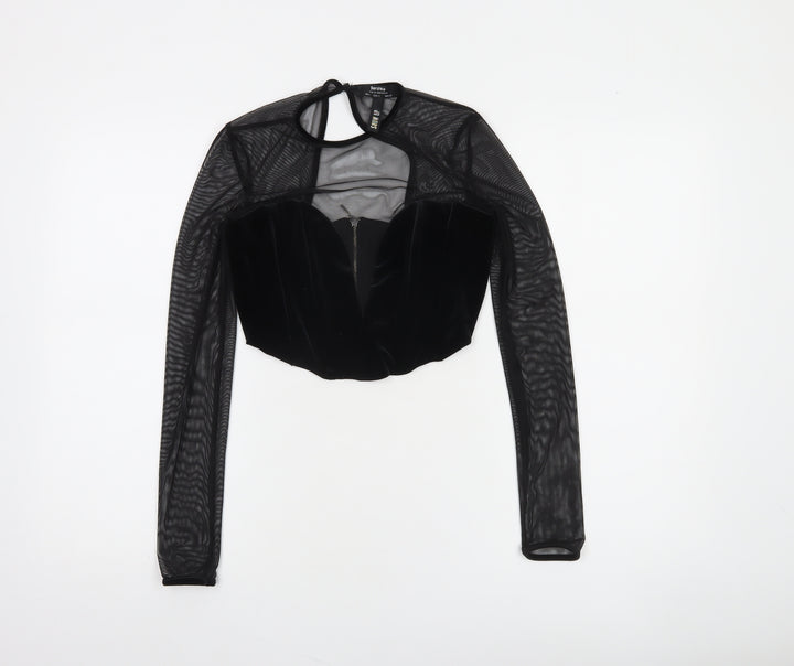 Bershka Women's Black Velvet Mesh Cropped Blouse Size S Party Top