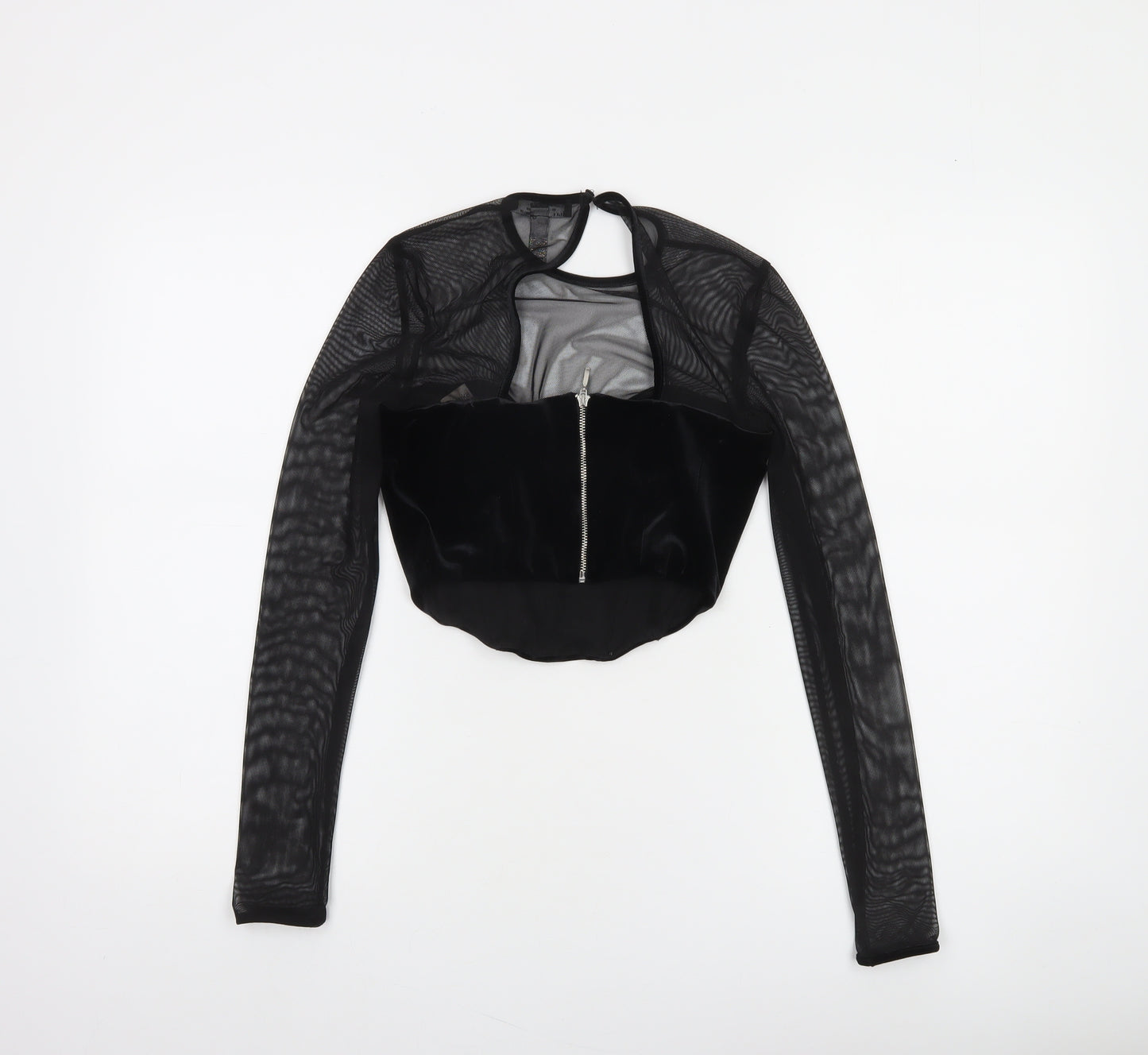 Bershka Women's Black Velvet Mesh Cropped Blouse Size S Party Top