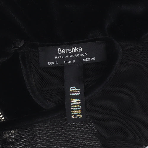 Bershka Women's Black Velvet Mesh Cropped Blouse Size S Party Top