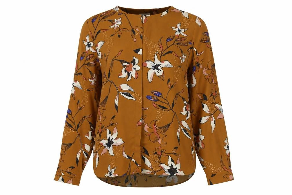 Front view of VILA women’s brown floral long sleeve tunic blouse, size S