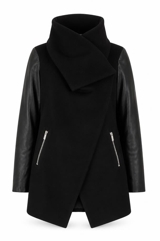 Front view of Oasis Women's Black Mid-Length Open Front Coat, size S