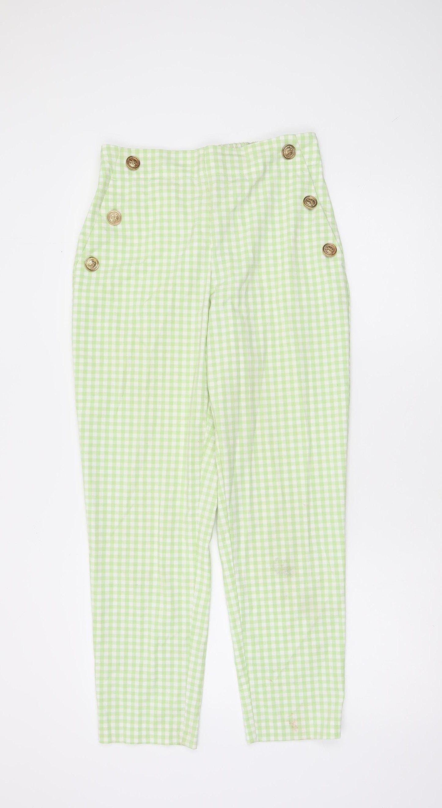 Zara Women's Green Check High Waist Chino Trousers Size S
