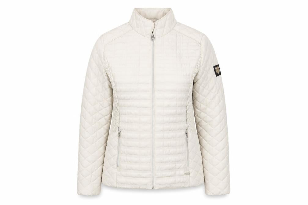 Front view of Paco Women Beige Quilted Full Zip Mid-Length Jacket, size 10