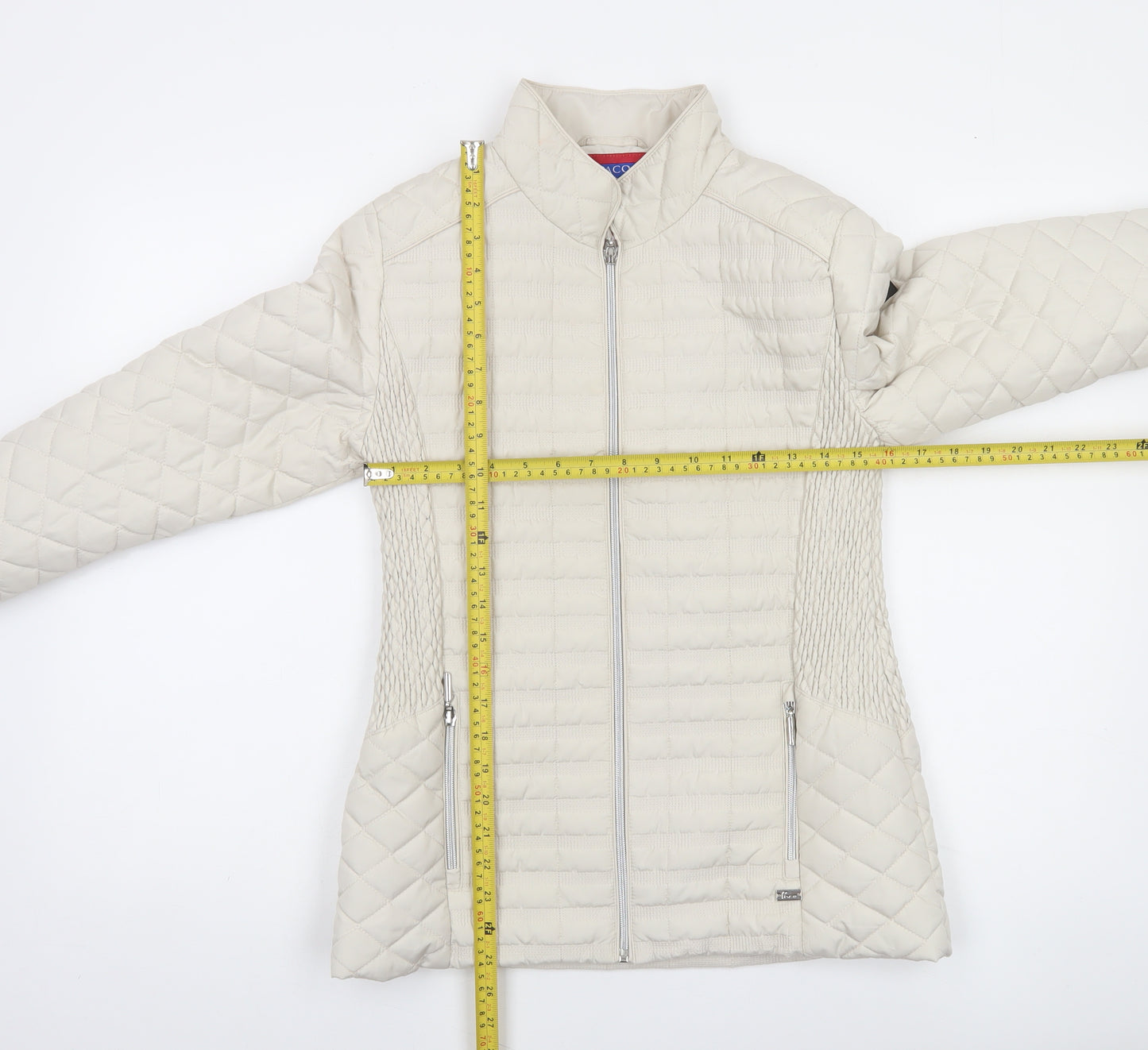 Paco Women Beige Quilted Full Zip Mid-Length Jacket Size 10