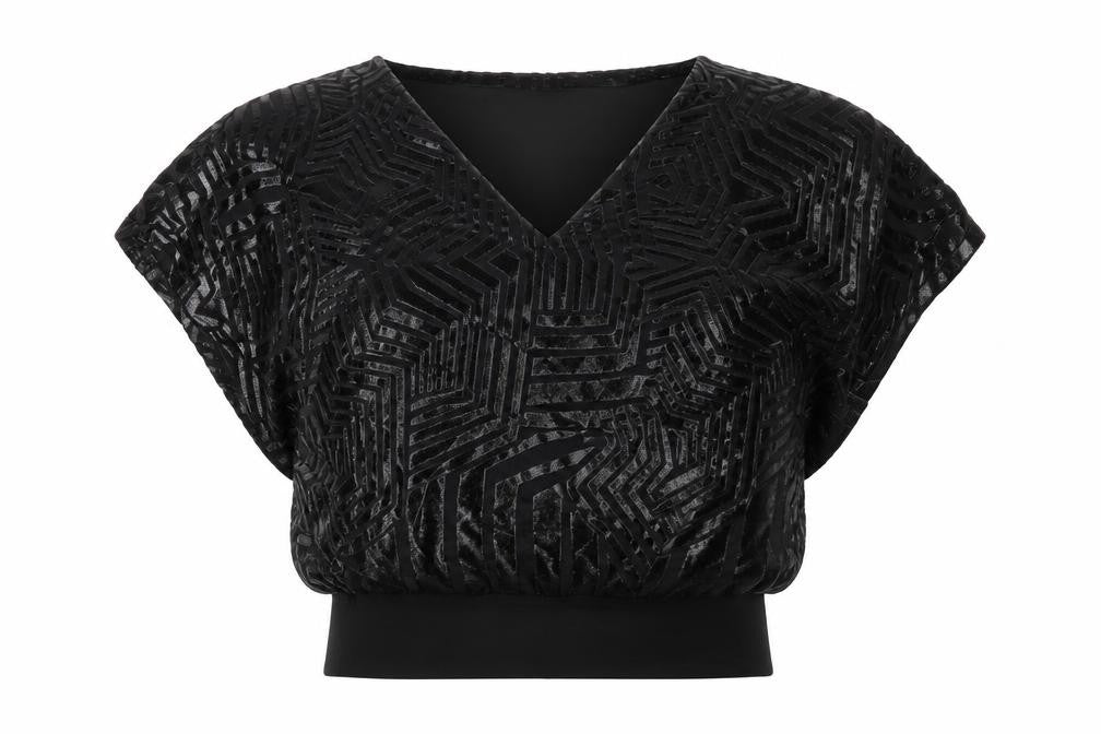 Front view of Wallis women’s black velvet geometric blouse, size S